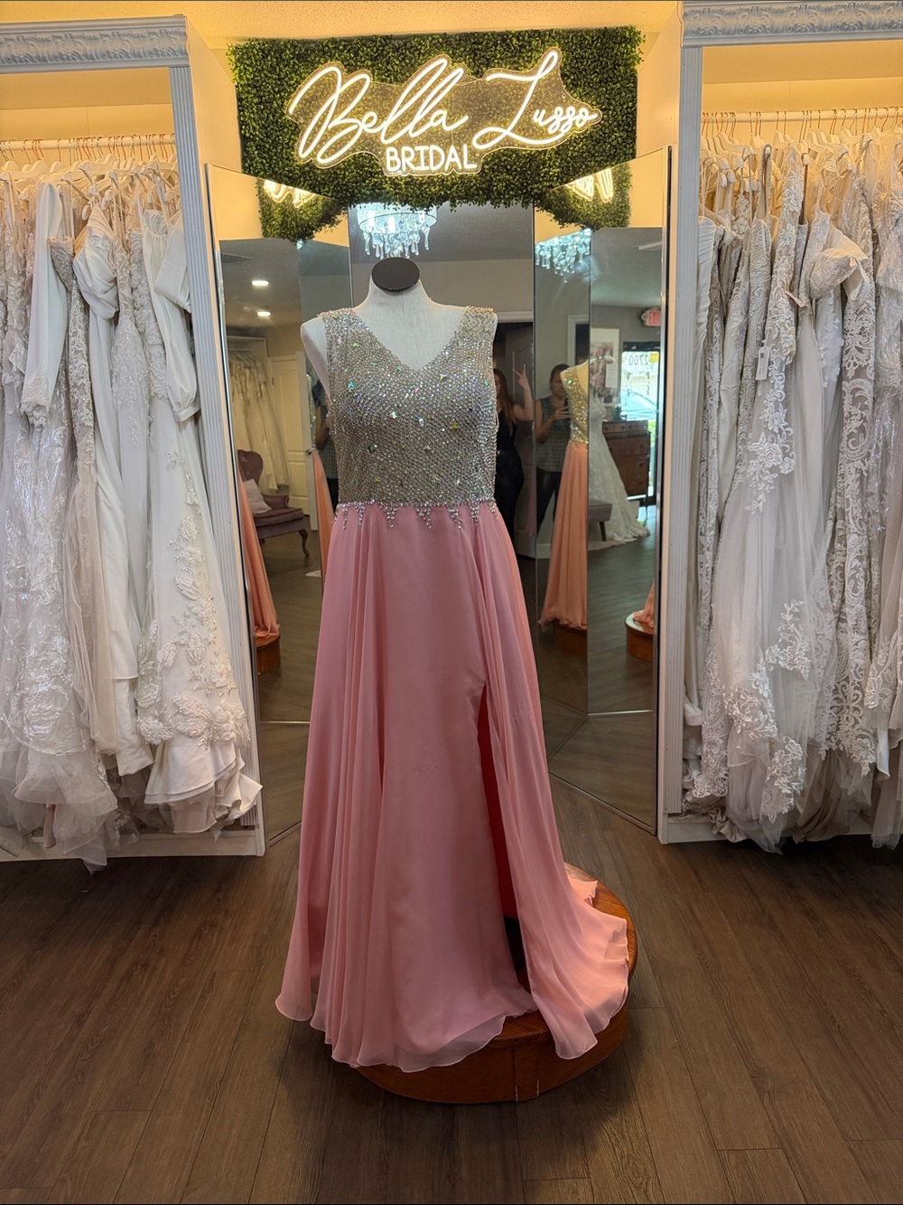 Soft Chiffon Blush Pink Beaded Bodice Evening Gown
